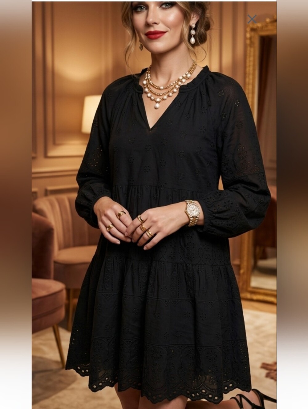 Hale Bob Size Small Black Eyelet Long Sleeve Tiered Mini Dress NWT